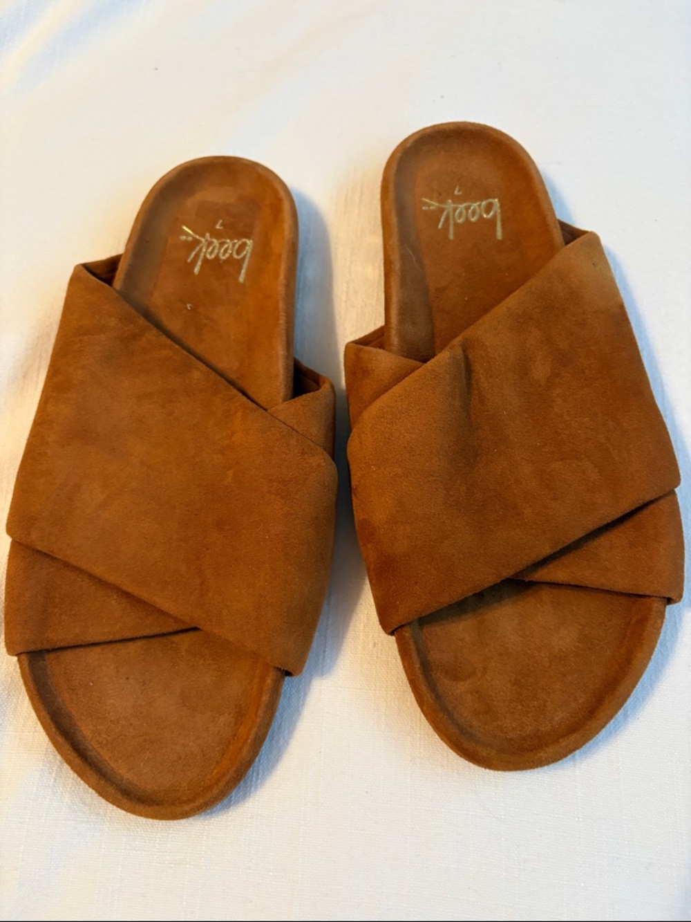 beek Suede Crisscross Slide Sandals in Camel Brown